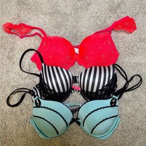 Victoria's Secret Red Lace, Black Striped, and Blue Bra Set